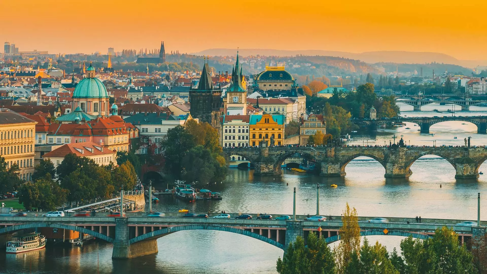 Evening cityscape of Prague, Czechia