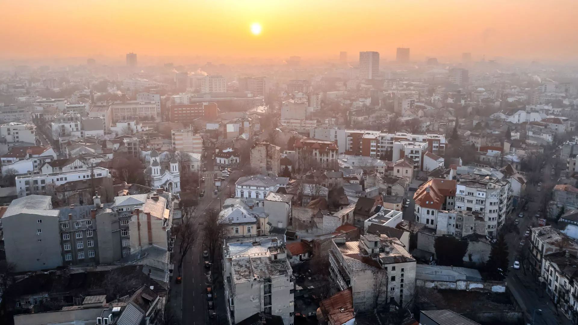 Aerial drone view of Bucharest, Romania at sunset