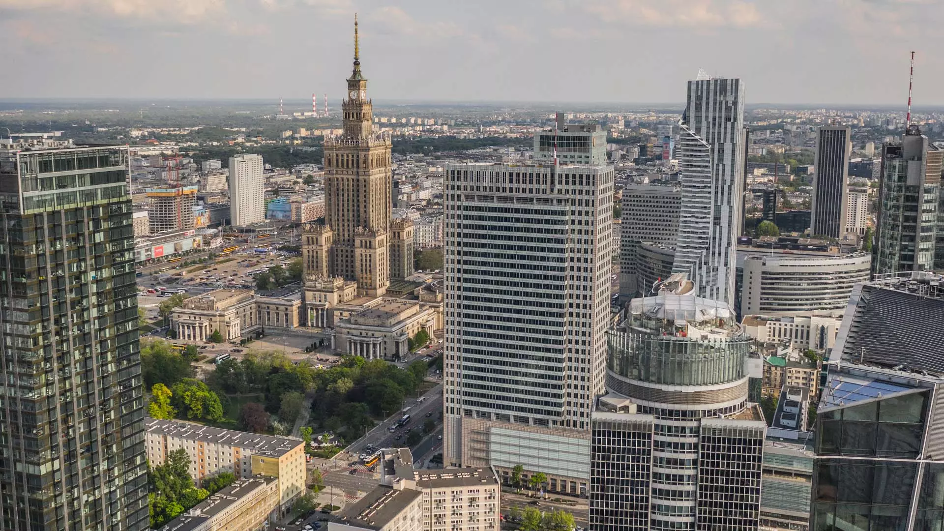 Aerial view of Warsaw downtown on a sunny day